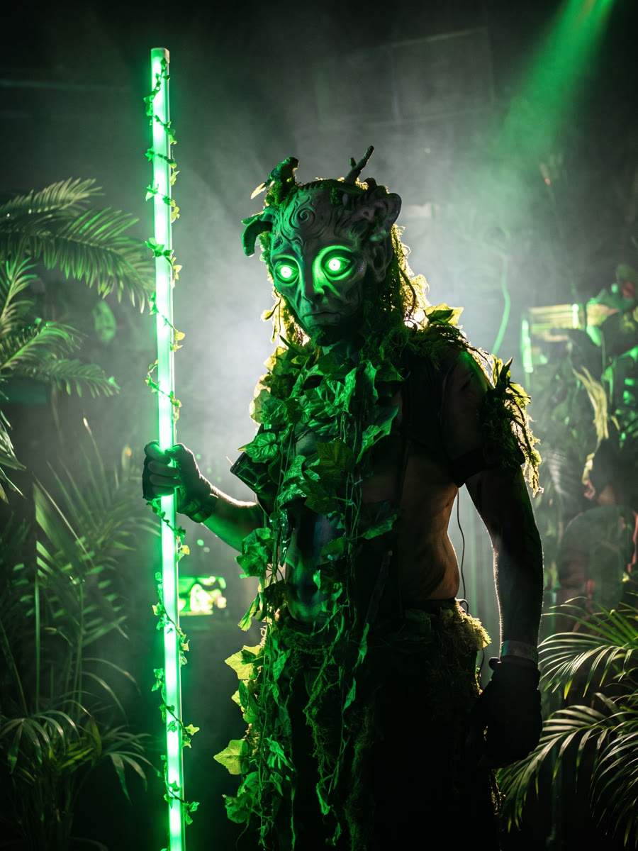 Waldwesen mit grünen Leuchtaugen, Blättern und LED-Stab